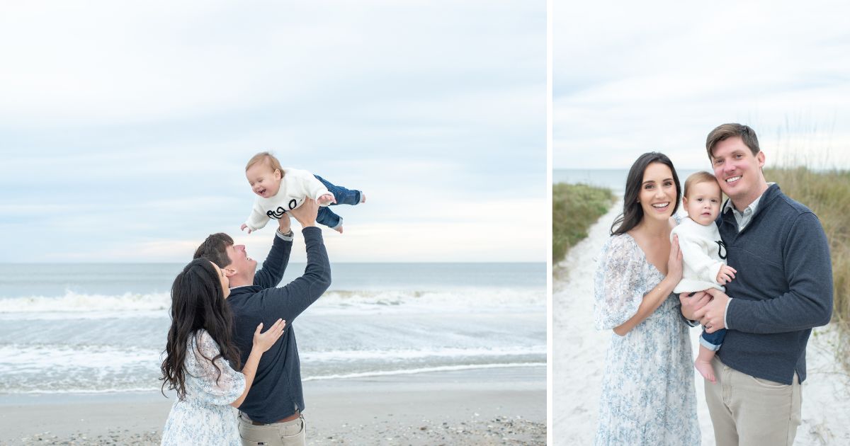 Happy couple with their one year old son celebrating his first year birthday on the beach