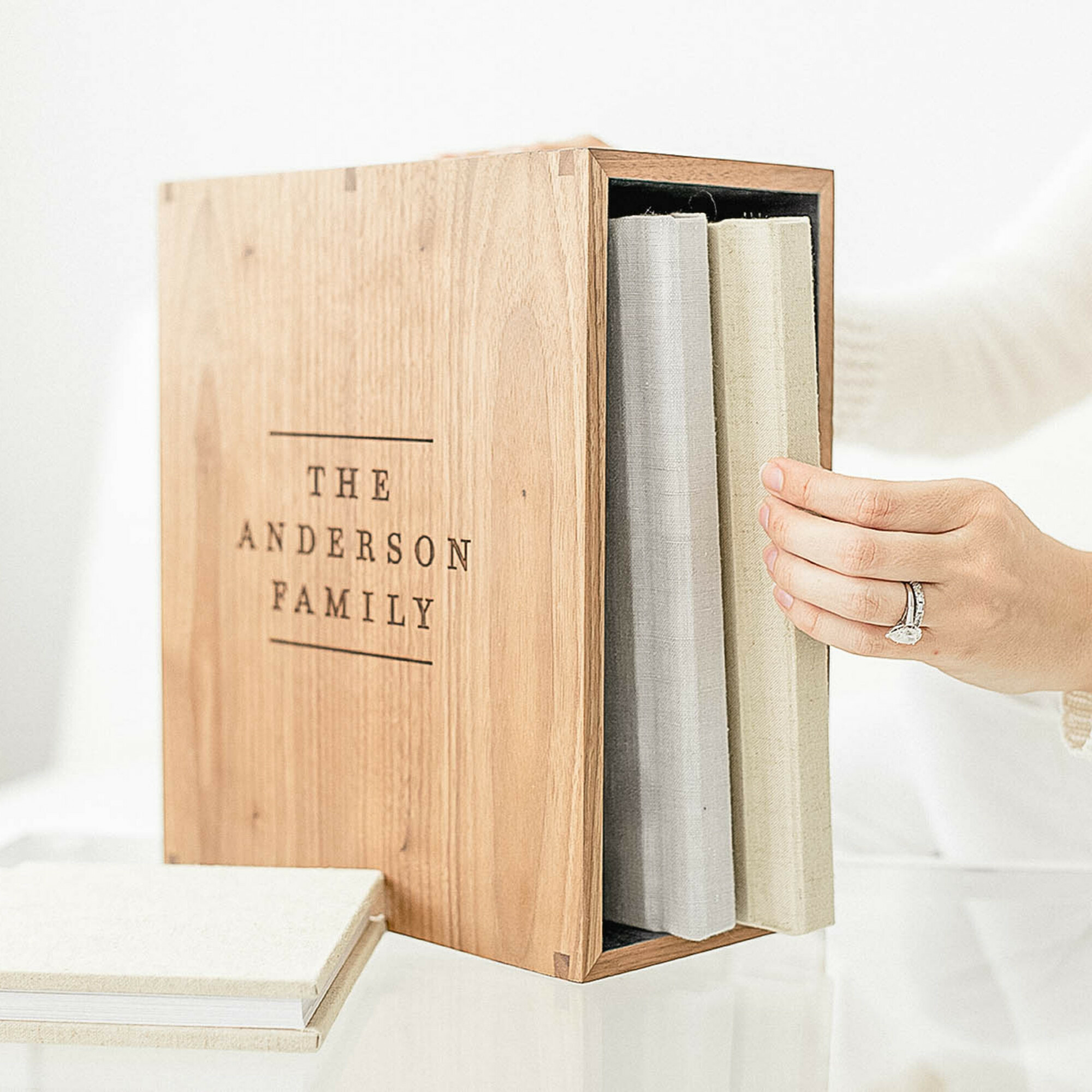 Heirloom albums for a family in a custom wooden keepsake box