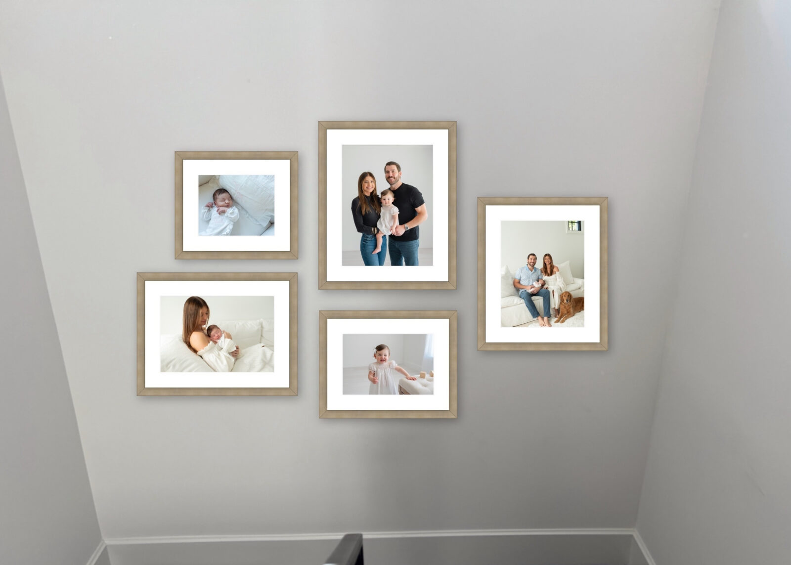 Mockup design of a newborn and first birthday session framed wall gallery