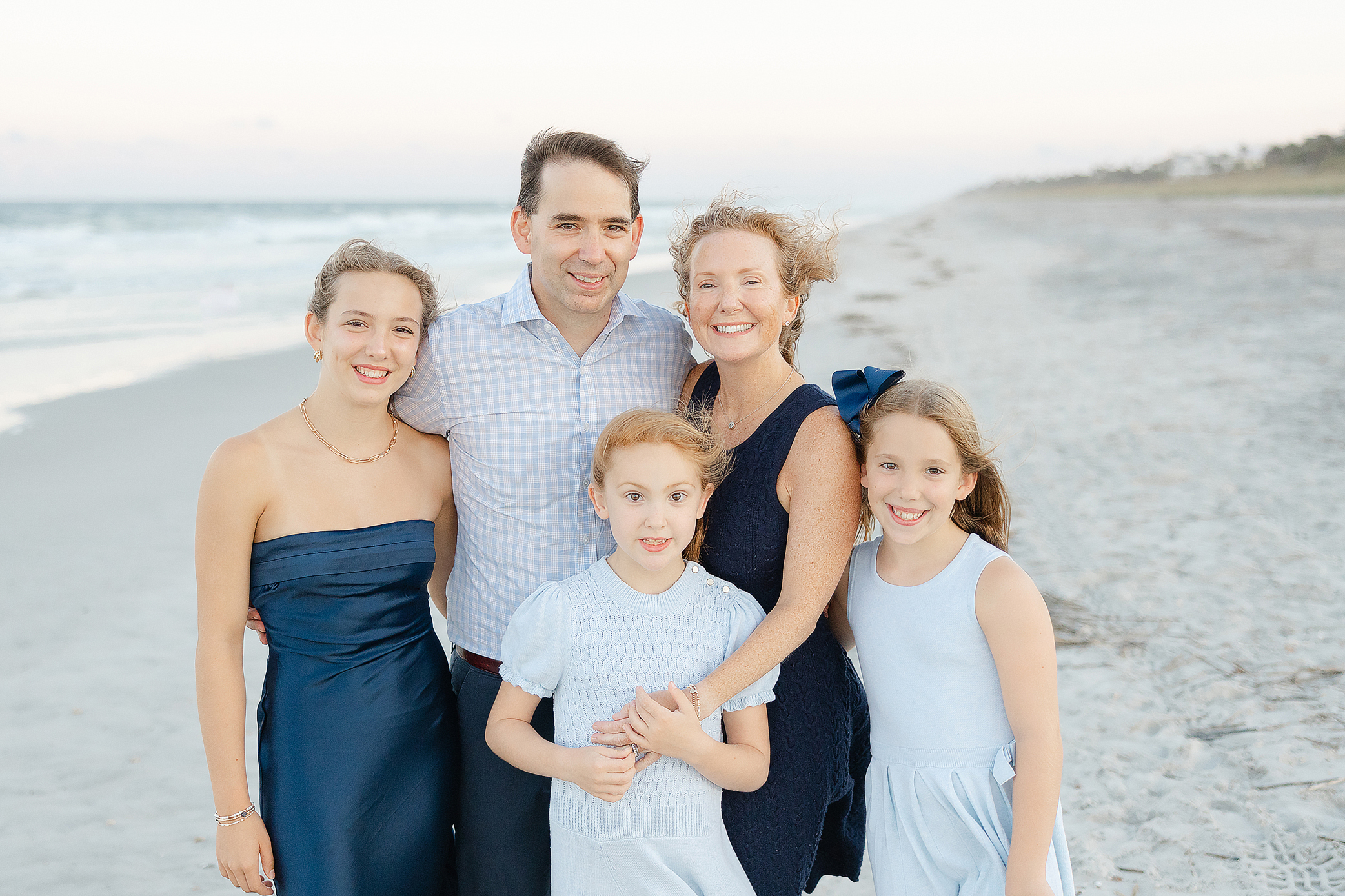 family photo, mom dad and 3 girls at golden hour at ponte vedra beach